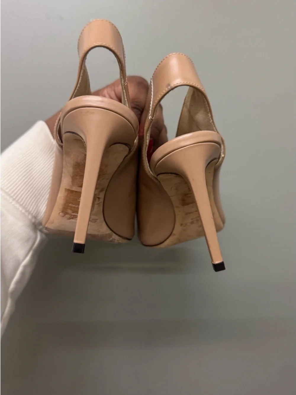 Jimmy Choo Nude Suede Shar Peep Toe Slingback Pumps Womens Size 37 EU Luxe